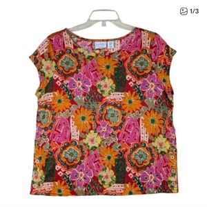 Nicole Miller Women's Top Linen Floral Short Sleeve Pink Orange Size Large Boho